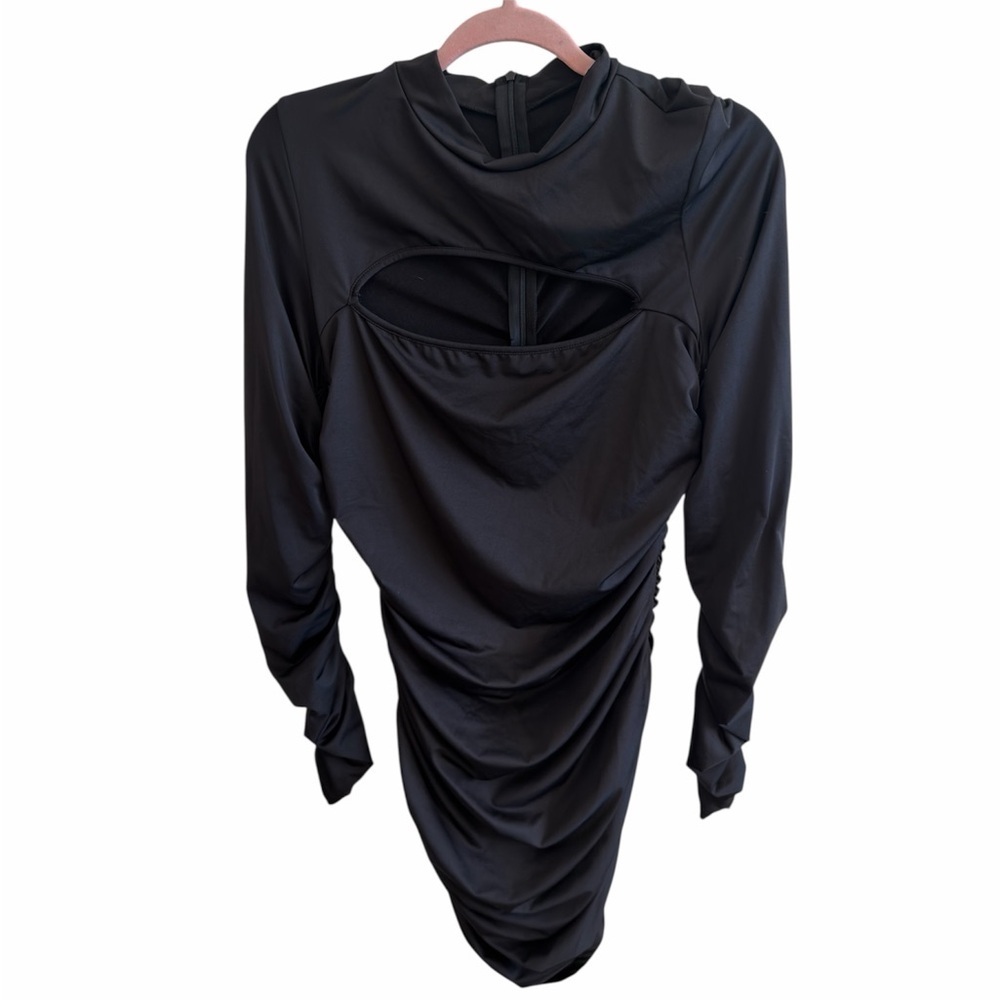 Black XL Ruched Cutout Bodycon Mini Dress Long Sleeve Club Party - Picture 2 of 7
